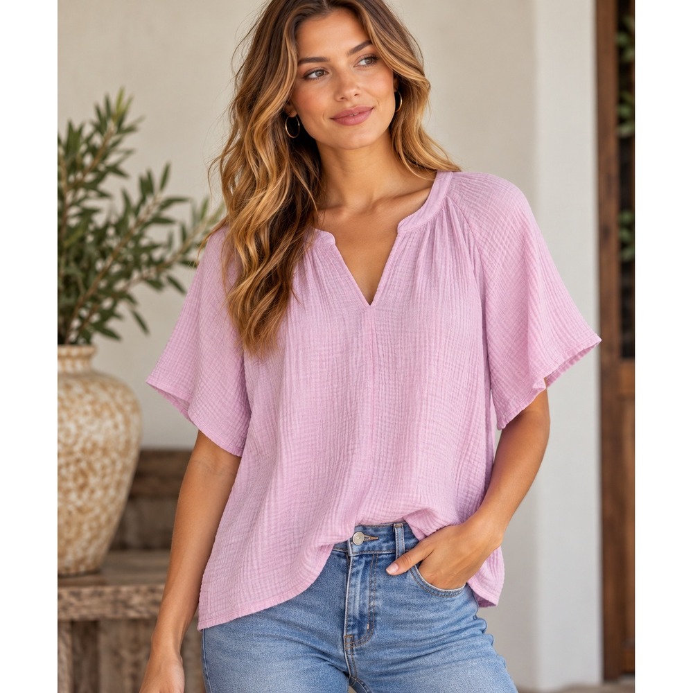 Pink Gauze Split Neck Blouse M Magaschoni Short Sleeve Relaxed Boho Top